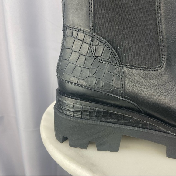 Sam Edelman Genia Smooth and Croc Effect Black Leather Chunky Heel Boot Size 7.5 - Picture 2 of 12